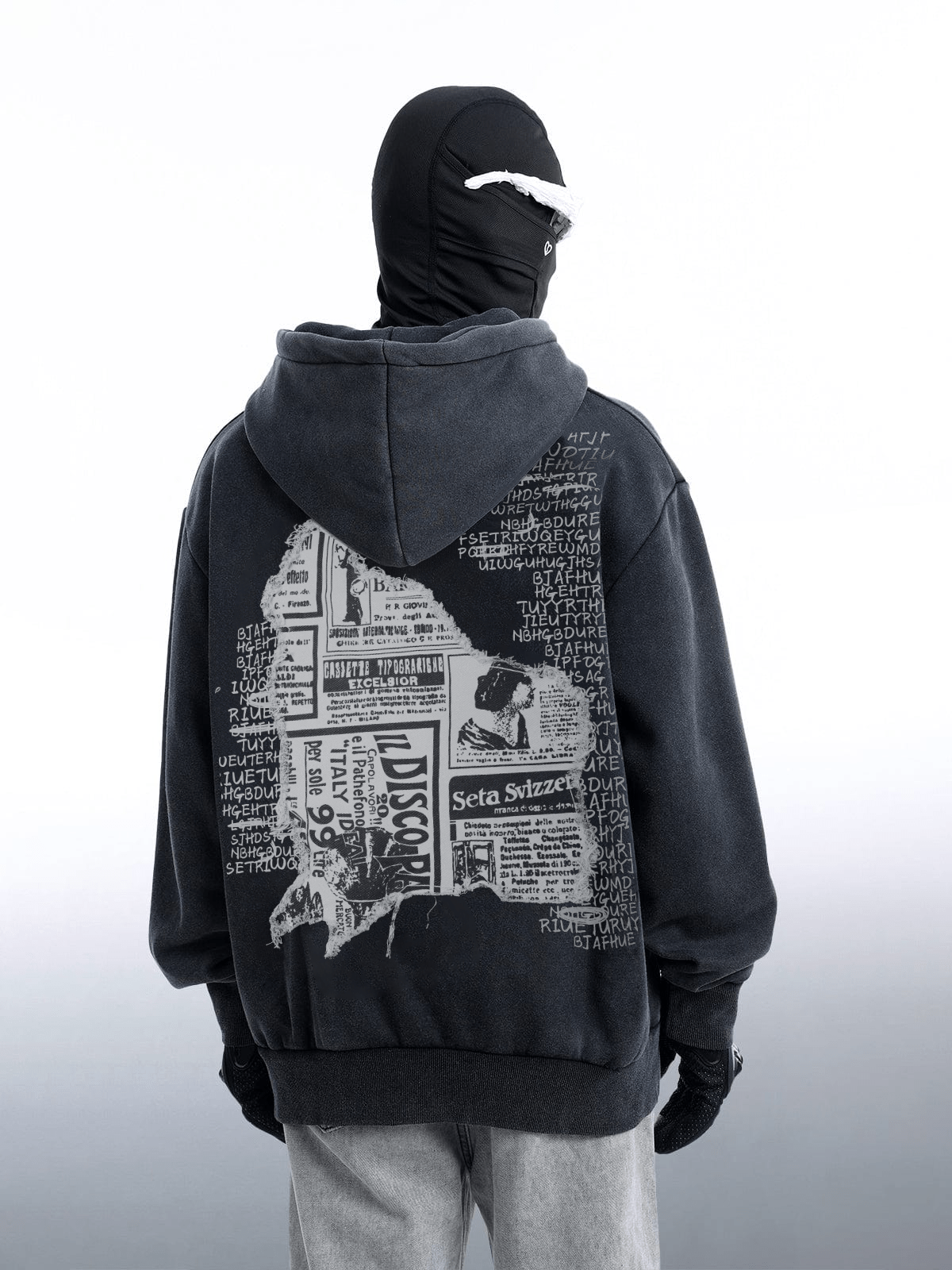 NEV Patch Imitation Newspaper Pattern Hoodie