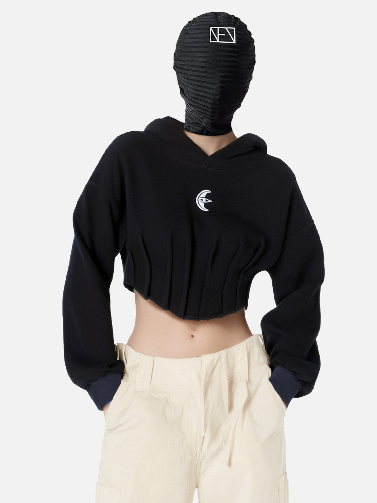 [Eye Of Moon] NEV Embroidery Fishbone Waist Cropped Hoodie