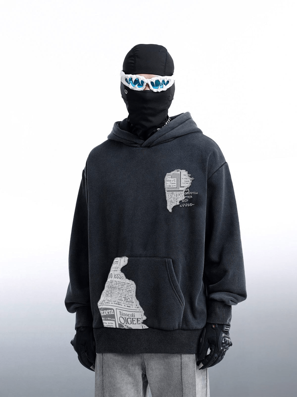 NEV Patch Imitation Newspaper Pattern Hoodie