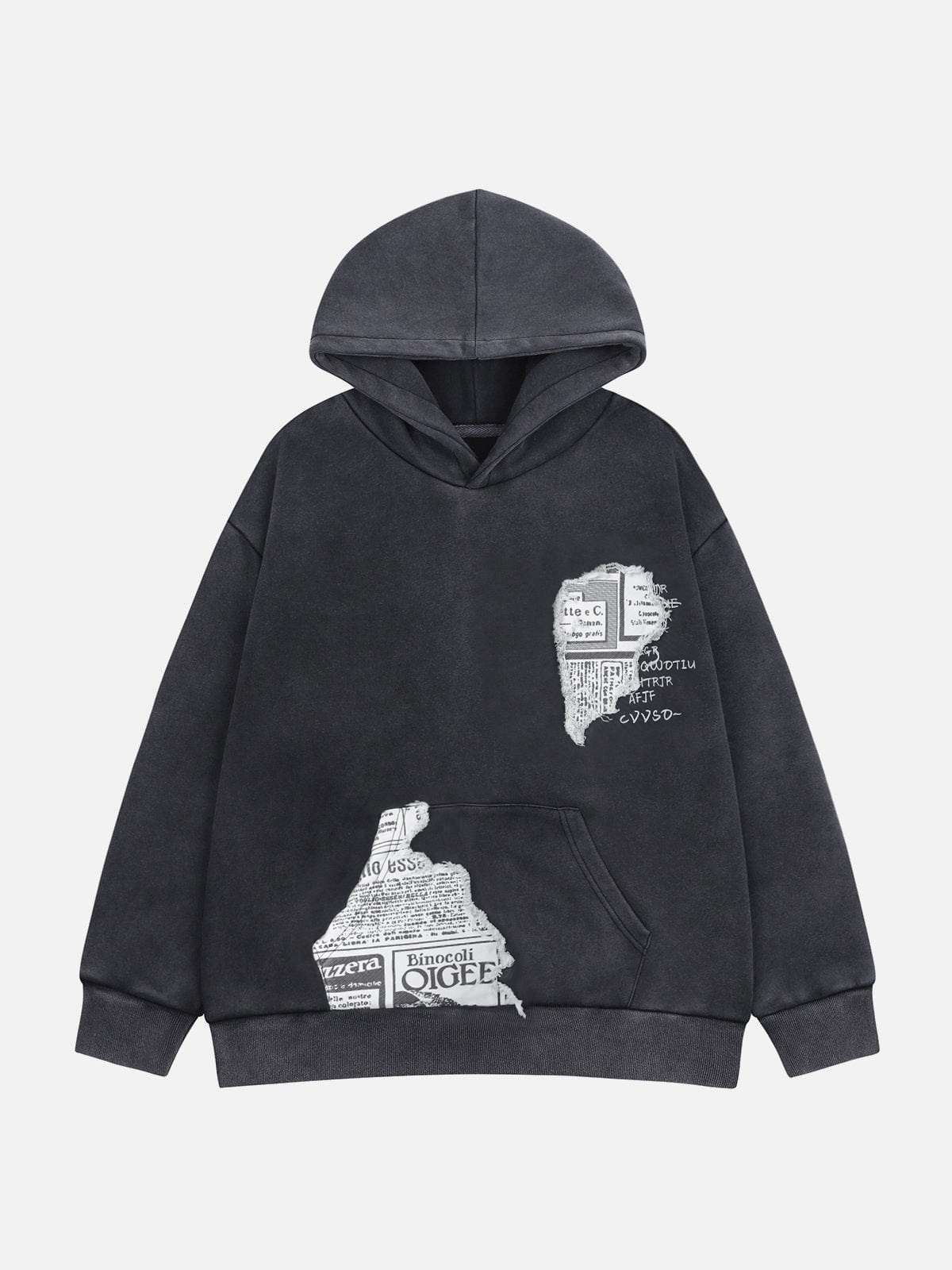 NEV Patch Imitation Newspaper Pattern Hoodie