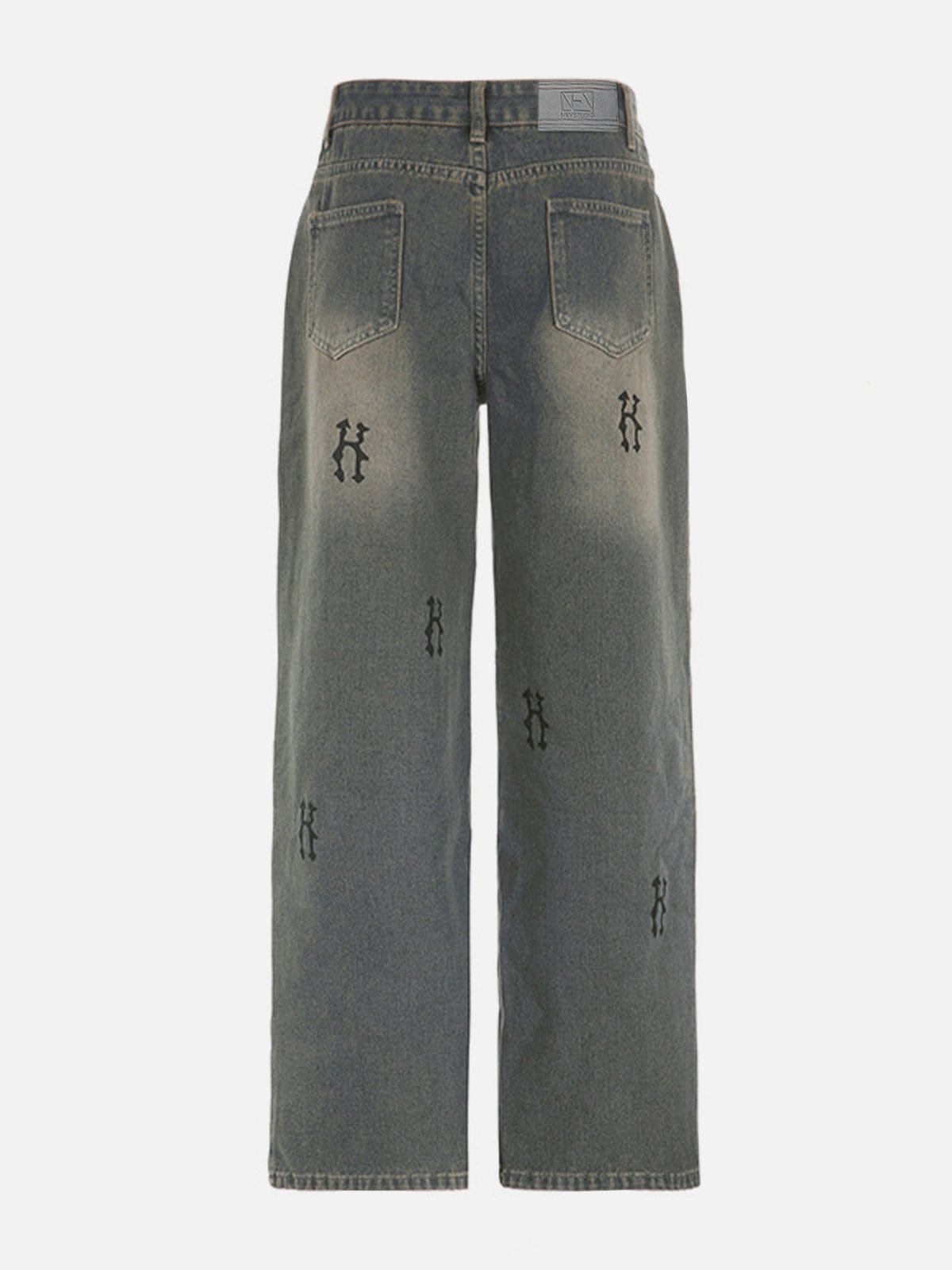 NEV Distressed Printed Wide-Leg Jeans