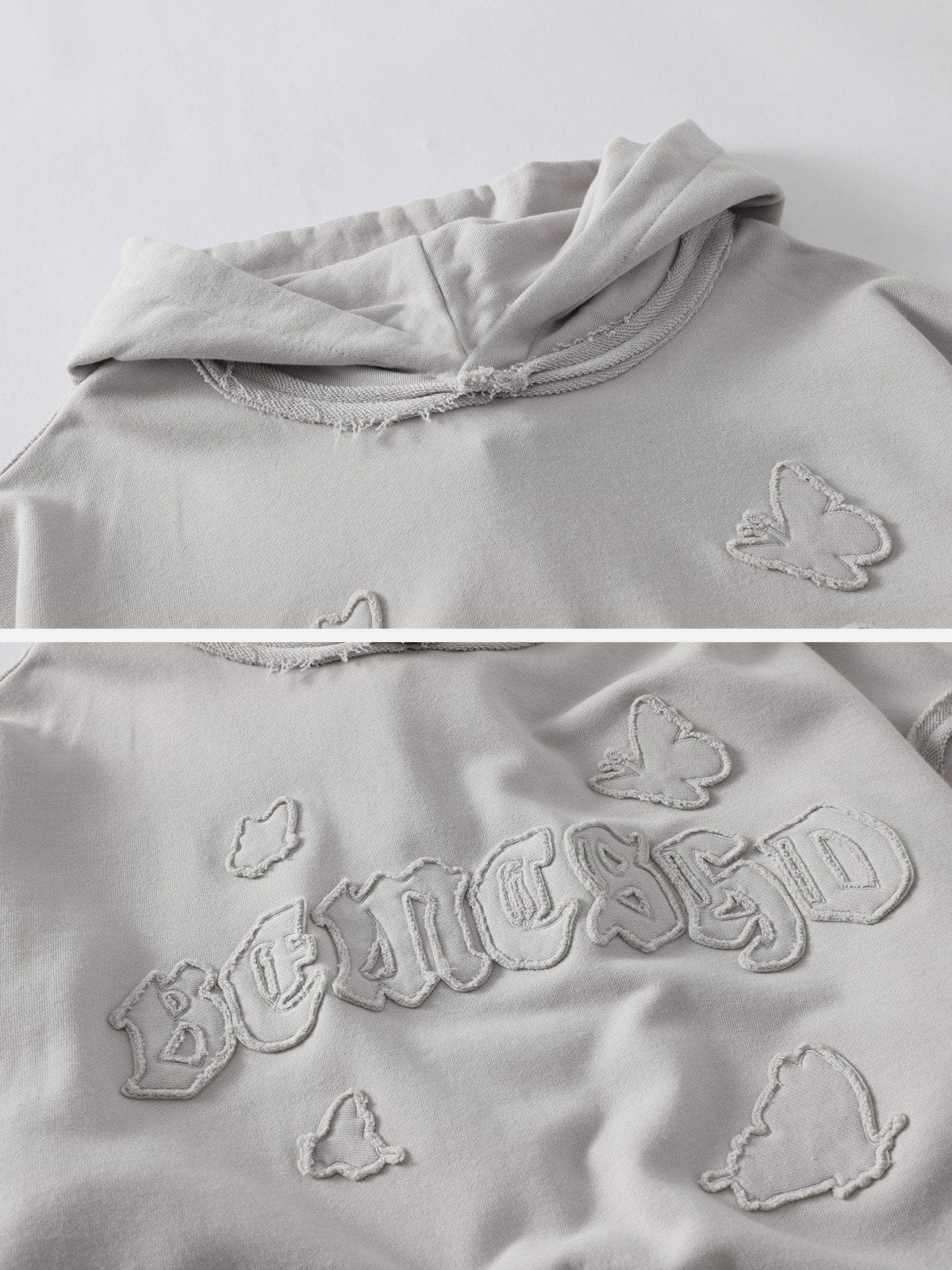 NEV Distressed Applique Embroidery Hoodie