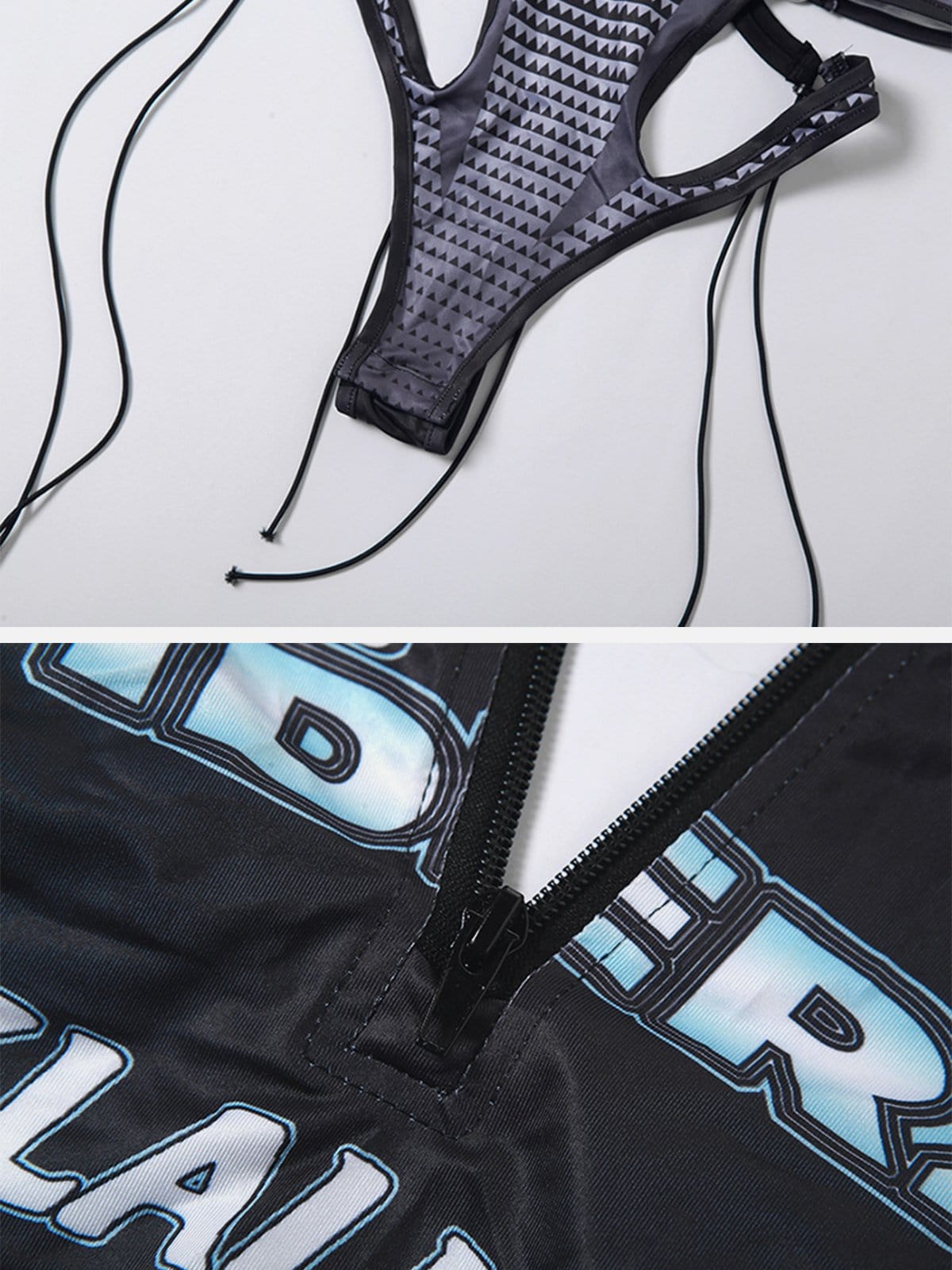 NEV Zip Up Hollow Letter Print Bodysuit