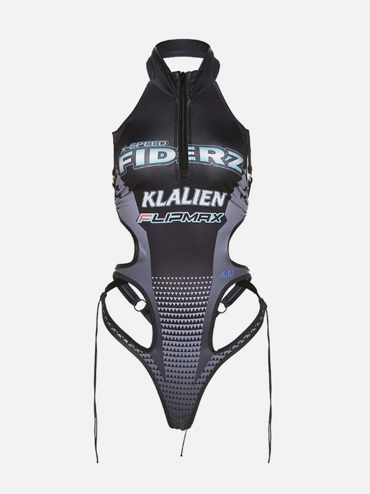 NEV Zip Up Hollow Letter Print Bodysuit